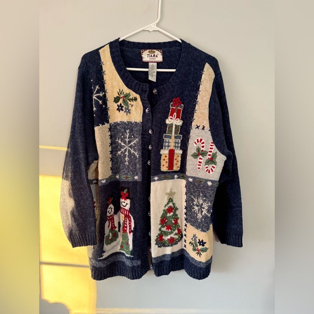 VTG Tiara Navy Blue Holiday Christmas Sweater Snowman Hippie Boho Multi Color 2X